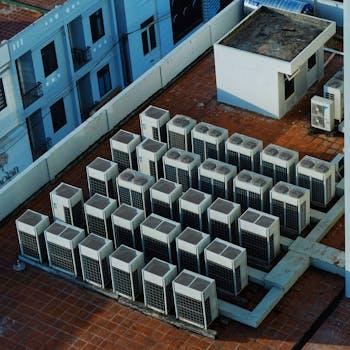 High angle view of rooftop HVAC units on a building in Buon Ma Thuot, Vietnam.